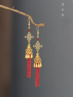 Red Chinese knot tassel earrings with gold charms red beads and bell pendants for Hanfu and Qipao