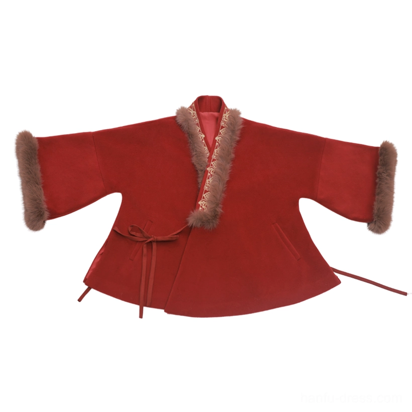 Red wrap-style Chinese New Year Hanfu jacket with plush collar and cuffs, self-tie waist straps and gold decorative trim