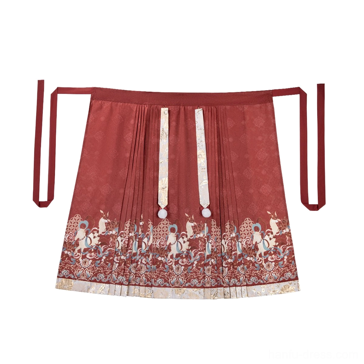 Red pleated mamian skirt flat lay with side ties white pom-pom waist accents and decorative jacquard hem pattern