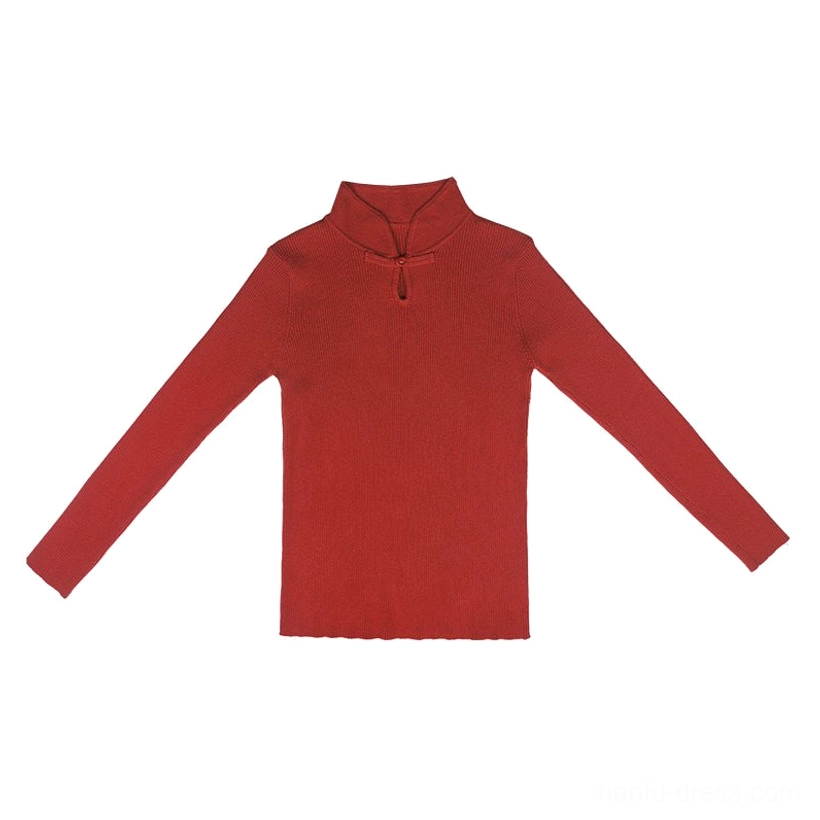 Flat lay view of a red traditional Chinese ribbed knit inner top with stand-up collar and frog button for Hanfu styling