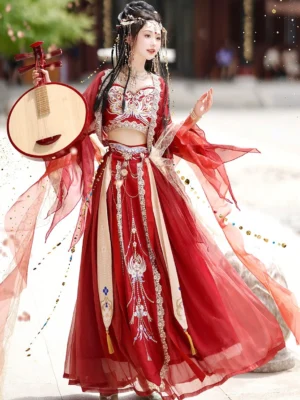 Red Dunhuang Feitian Tang Dynasty Hanfu costume shown in a full body three quarter view with flowing crimson chiffon sleeves, gold and silver embroidery, waist chains, tassels, and a moon lute in an ancient Chinese courtyard