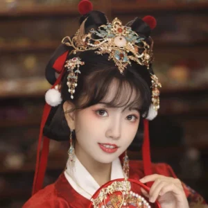 Red Dust Chinese wedding Hanfu hair accessories set with intricate gold filigree red pom-poms white jade-inspired ornaments and red bead details
