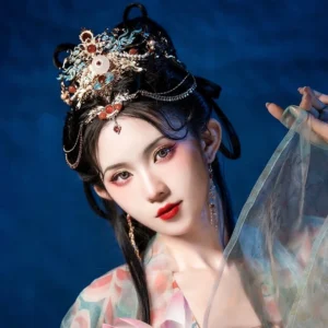 Complete Red Dust Hanfu hair accessories set with gilded crown blue cloisonne white jade-inspired accents red gemstones and matching long drop earrings styled with floral Chinese Hanfu
