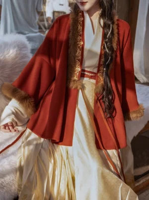 Close-up of red festive Hanfu jacket with plush collar and cuffs, gold trim, layered cross-collar top and brown mamian skirt