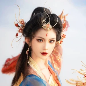 Complete red and gold hanfu hair accessories set styled on a woman wearing Tang-style Chinese hanfu with an elegant traditional updo
