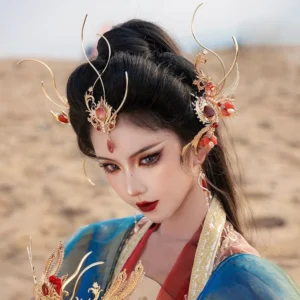 Red gemstone Chinese hanfu hair ornament set with forehead hair pin and detailed side pins worn with traditional ancient makeup