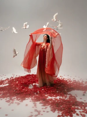 Front full-length view of a red gradient Tang Dynasty Qixiong Ruqun hanfu with wide chiffon sleeves, golden chest embroidery, flowing pleated skirt, rose petals, and white doves