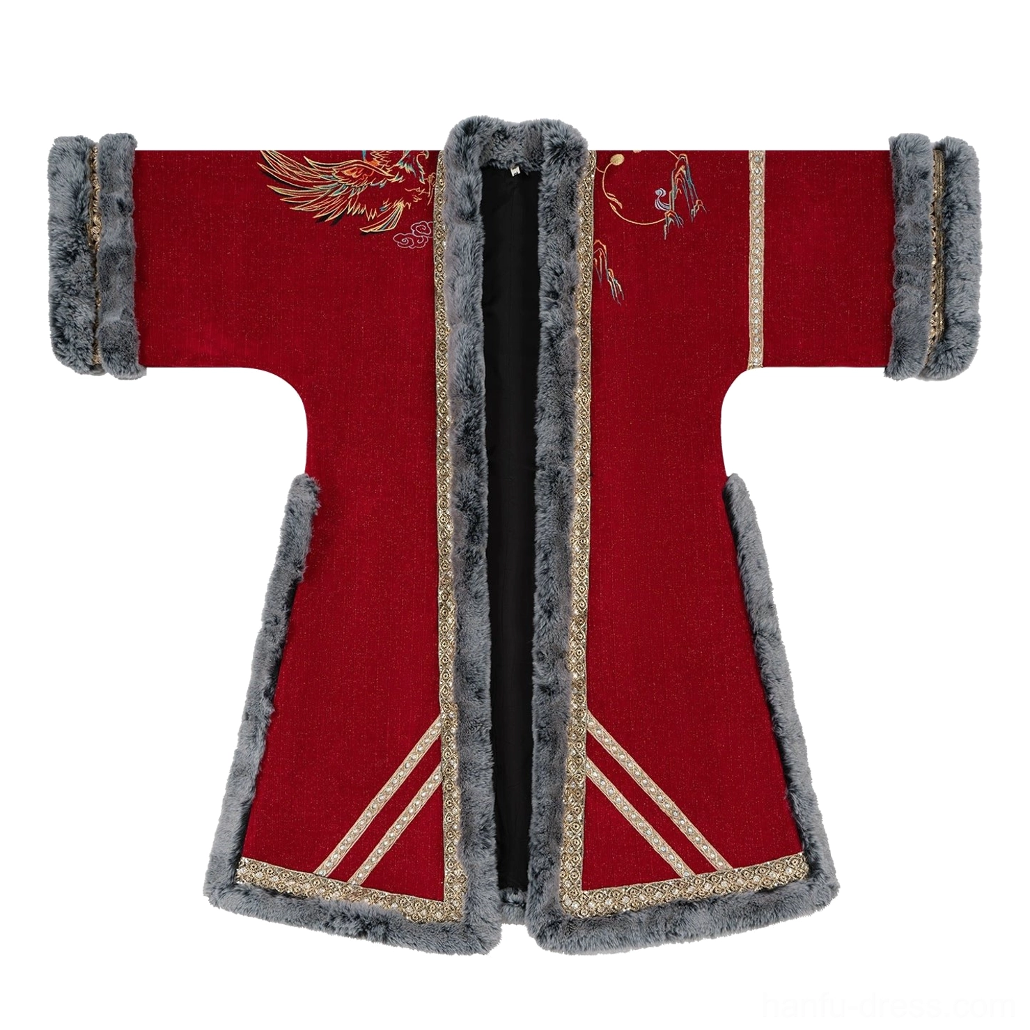 Flat lay display of a red hanfu overcoat showing grey faux fur edging, gold thread trim, phoenix chest embroidery, and black inner lining
