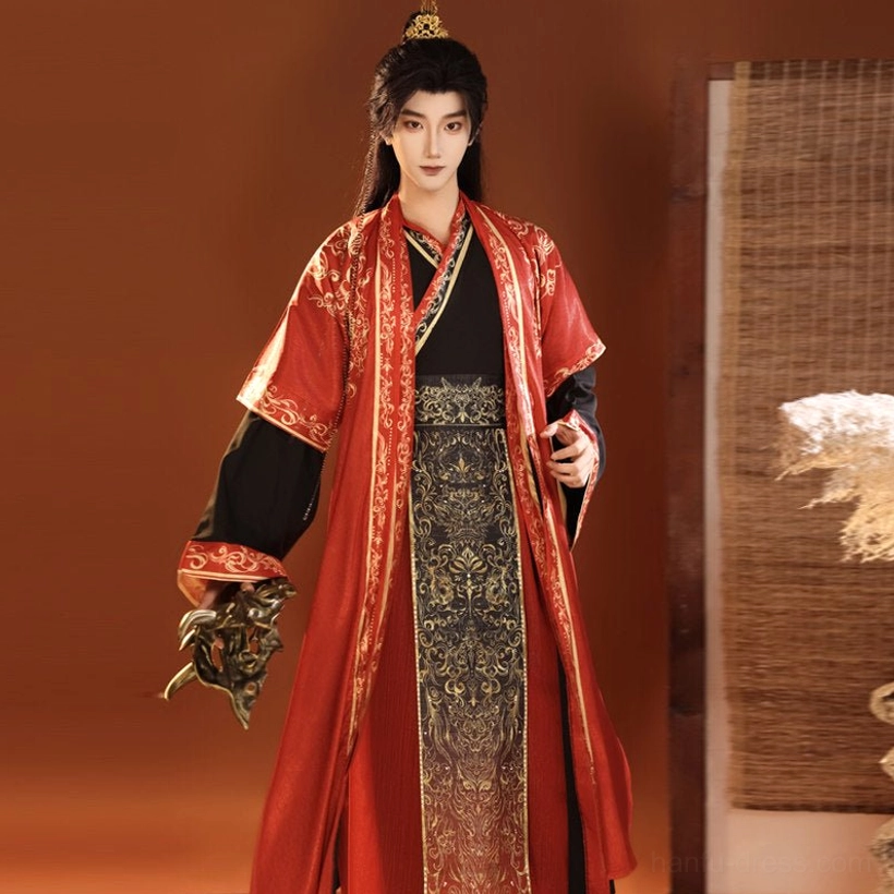 Red imperial style men's hanfu full set with gold trim, layered black inner robe and decorative waist seal for Chinese cosplay