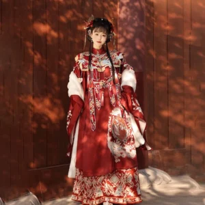 Red Ming Dynasty Hanfu women clothing set with embroidered cloud collar, phoenix motifs, patterned mamian skirt, and flowing robe