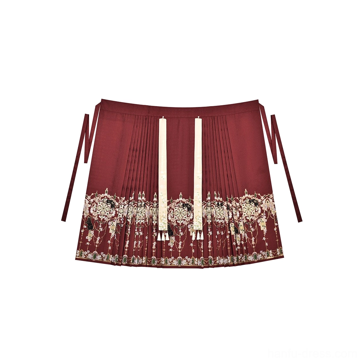 Red Ming Dynasty pleated mamian skirt with golden floral embroidery along the hem, white decorative sashes, and side ties