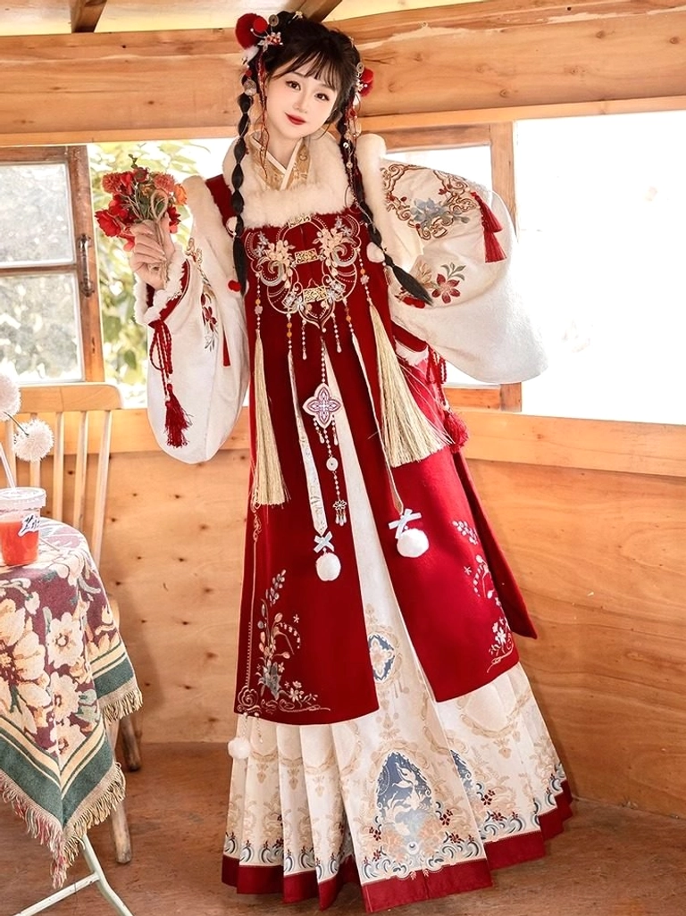 Front three-quarter full-body view of a red Ming-inspired hanfu outfit with embroidered velvet-style vest, flowing vintage printed skirt, white pom-pom pendants, and festive floral details