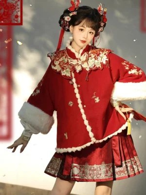 Side view of red modern Hanfu set with embroidered cloud collar short mamianqun skirt tassel and soft white trim