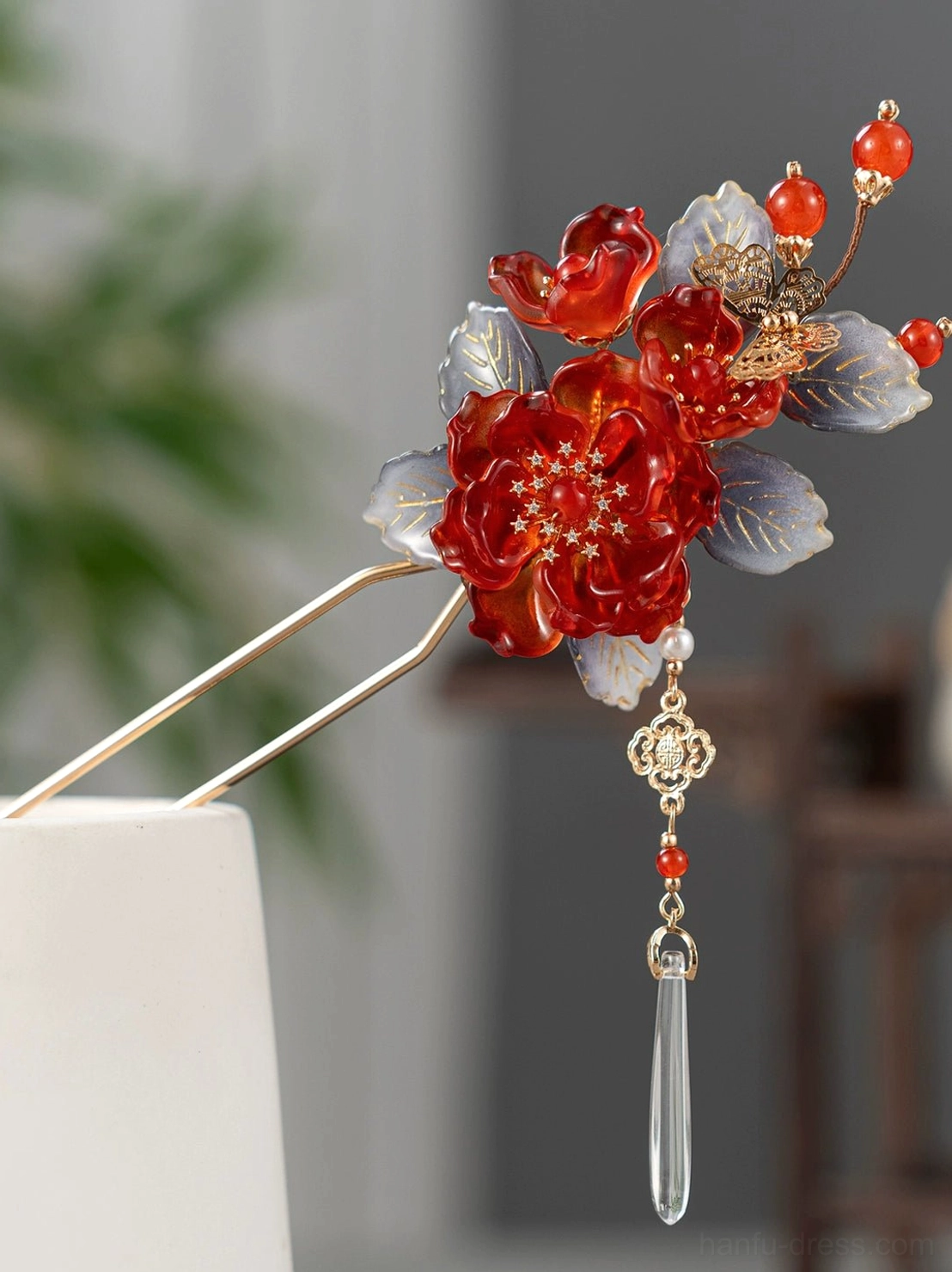 Red peony style Hanfu hairpin with gold tone accents red beads and long clear crystal drop tassel pendant