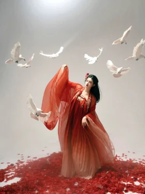 Three-quarter view of a red and pink gradient Tang style Qixiong Ruqun hanfu with pleated chiffon skirt, flowing sleeves, red flower hairpin, rose petals, and white doves
