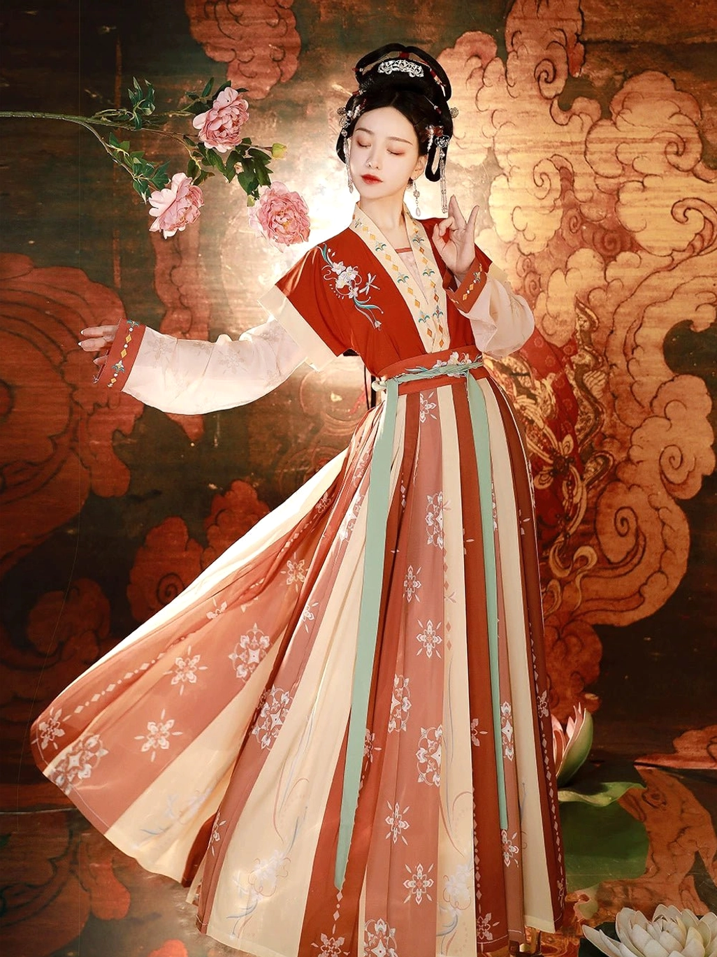 Red Tang Dynasty Hanfu beizi qiyao ruqun complete set with embroidered half sleeve vest, ivory inner top, striped pleated wrap skirt, and red waist sash