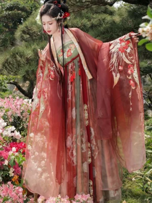Red Tang Dynasty Hanfu set with embroidered qixiong dress, sheer wide sleeve cardigan, floral and phoenix motifs, and decorative waist sash styled in a flowering garden