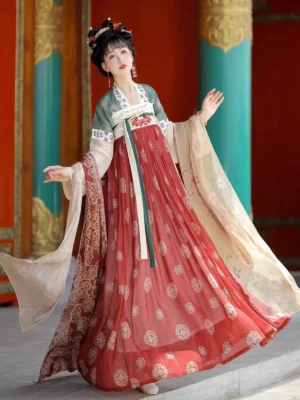 Side view of red Tang Dynasty Hanfu Qixiong Ruqun with floral skirt white trimmed top and flowing layered outer robe