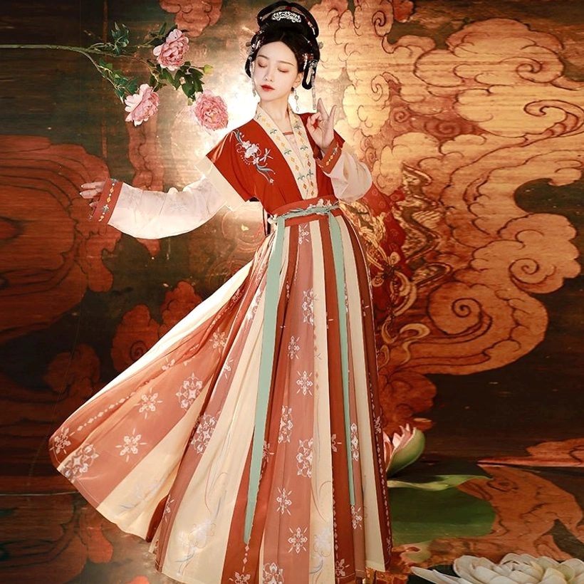 Red Tang Dynasty Hanfu qiyao ruqun complete outfit with ivory sleeves, decorative vest, floral pleated skirt, and traditional hairstyle