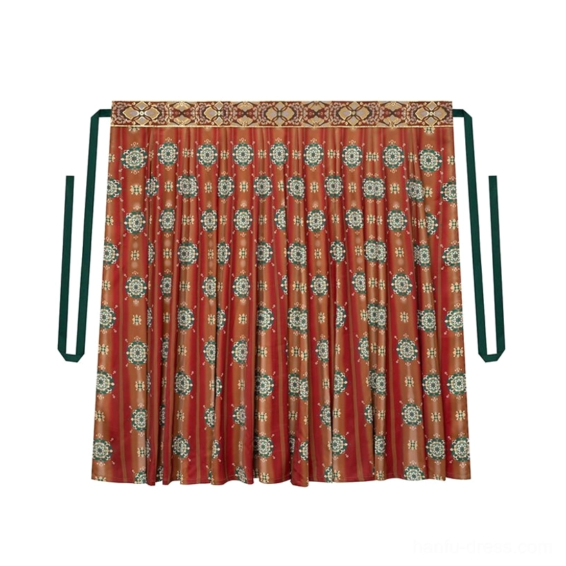 Flat front display of the red Tang Dynasty Hanfu wrap skirt with classical geometric and floral print, embroidered waistband, and dark green side tie straps