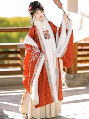 Front view of red Tang Dynasty hanfu Qixiong Ruqun dress with fur-trimmed outer coat, beige long skirt, wide sleeves, and traditional hand fan