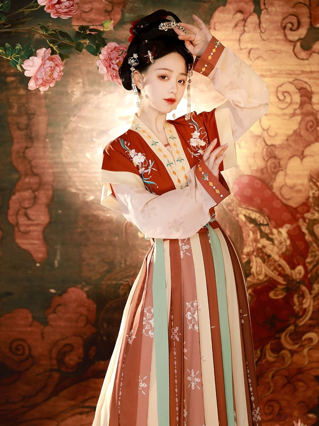 Close view of red Tang-style Hanfu embroidered beizi vest with floral decoration and traditional Chinese hair accessories