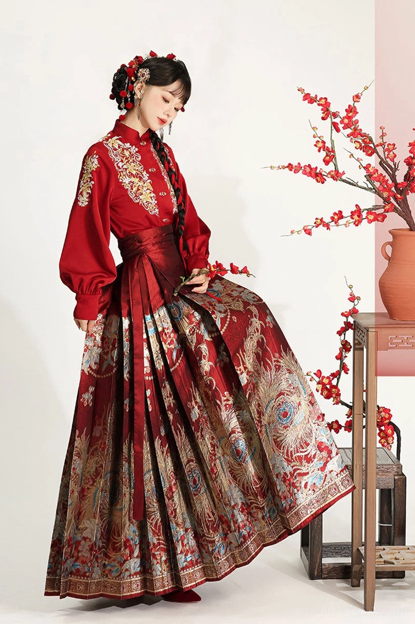 Red traditional Ming Dynasty Hanfu set with embroidered stand collar top and ornate floor-length mamian skirt side view
