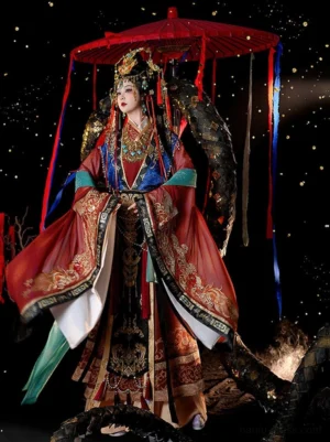 Red Wei Jin Dynasty celestial goddess Hanfu full set with layered robes, golden embroidery, ornate hair accessories, red tassel umbrella, and mythical black snake fantasy styling