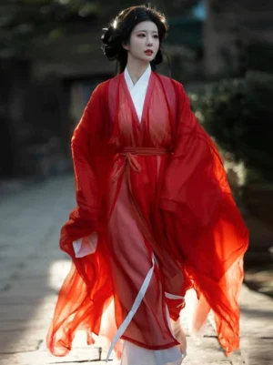Front three-quarter view of a woman wearing a red Wei Jin Dynasty Hanfu robe with a sheer flowing outer layer, oversized sleeves, white inner robe, and red waist sash in an ancient Chinese stone alley