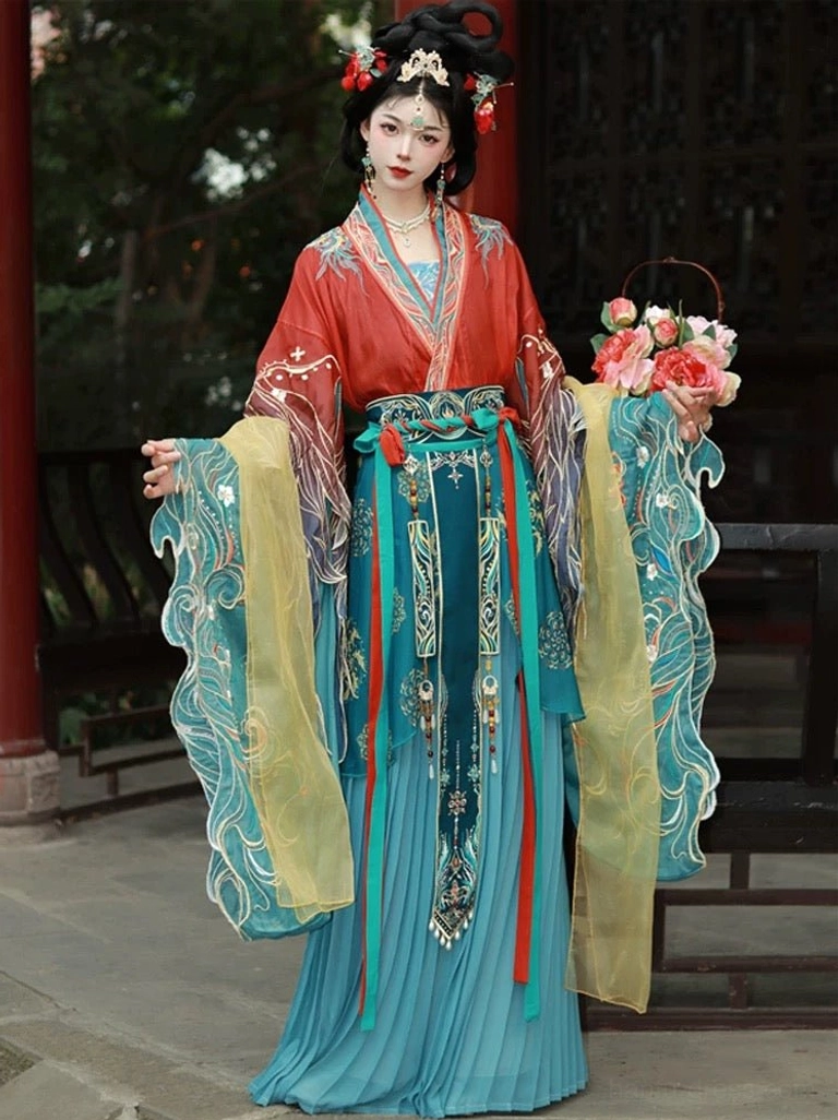 Red Wei Jin-inspired Qiyao Ruqun Hanfu with teal embroidered sleeves and skirt, floral hair ornaments, decorative waist ribbons, and two peony flower baskets