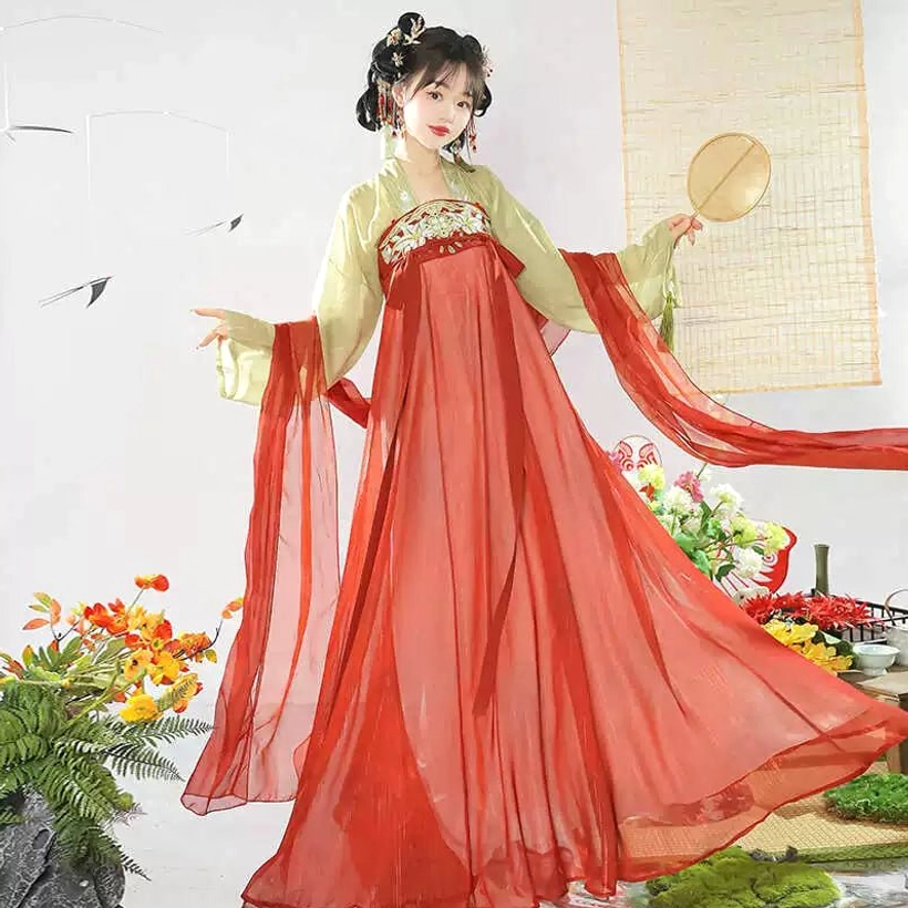 Side view of red and light yellow Qixiong Ruqun Hanfu featuring flowing red chiffon fabric, floral embroidery, long waist ribbons, and Tang-inspired styling