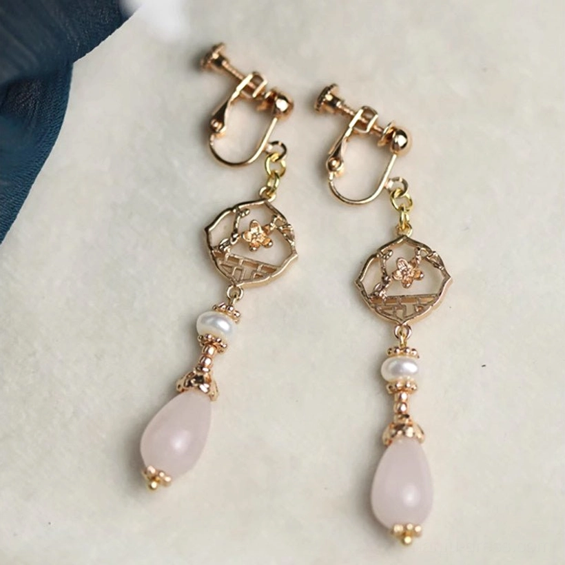 Comfort clip-on retro pink pearl Chinese earrings with gold floral window charms and pink teardrop pendants for non-pierced ears