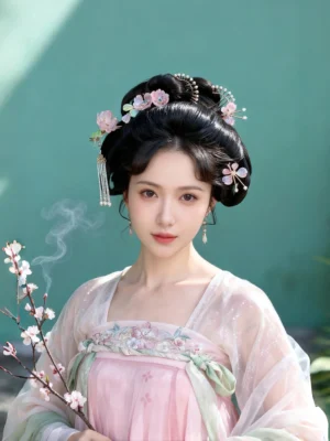 Female model wearing retro pink pearl Chinese earrings with Tang style Hanfu and traditional Chinese hair ornaments