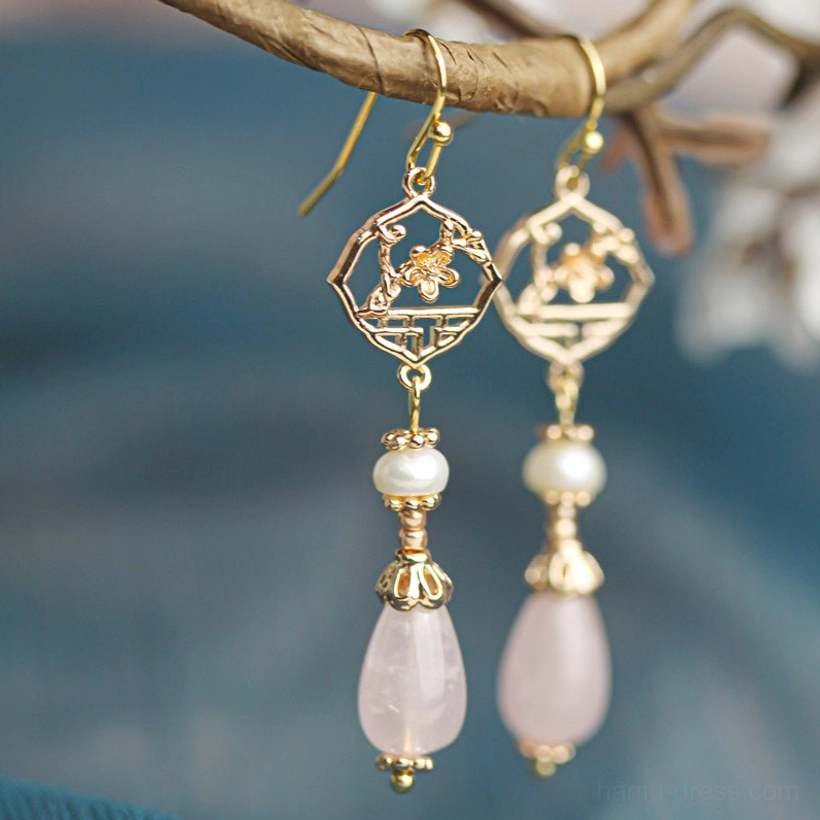 Pair of retro pink pearl Chinese hook earrings with gold window flower charms and pink teardrop pendants