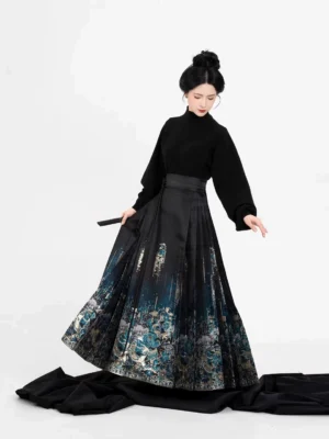 Side view of black top and blue gold dragon landscape print mamian skirt in Returning Dragons Hanfu outfit