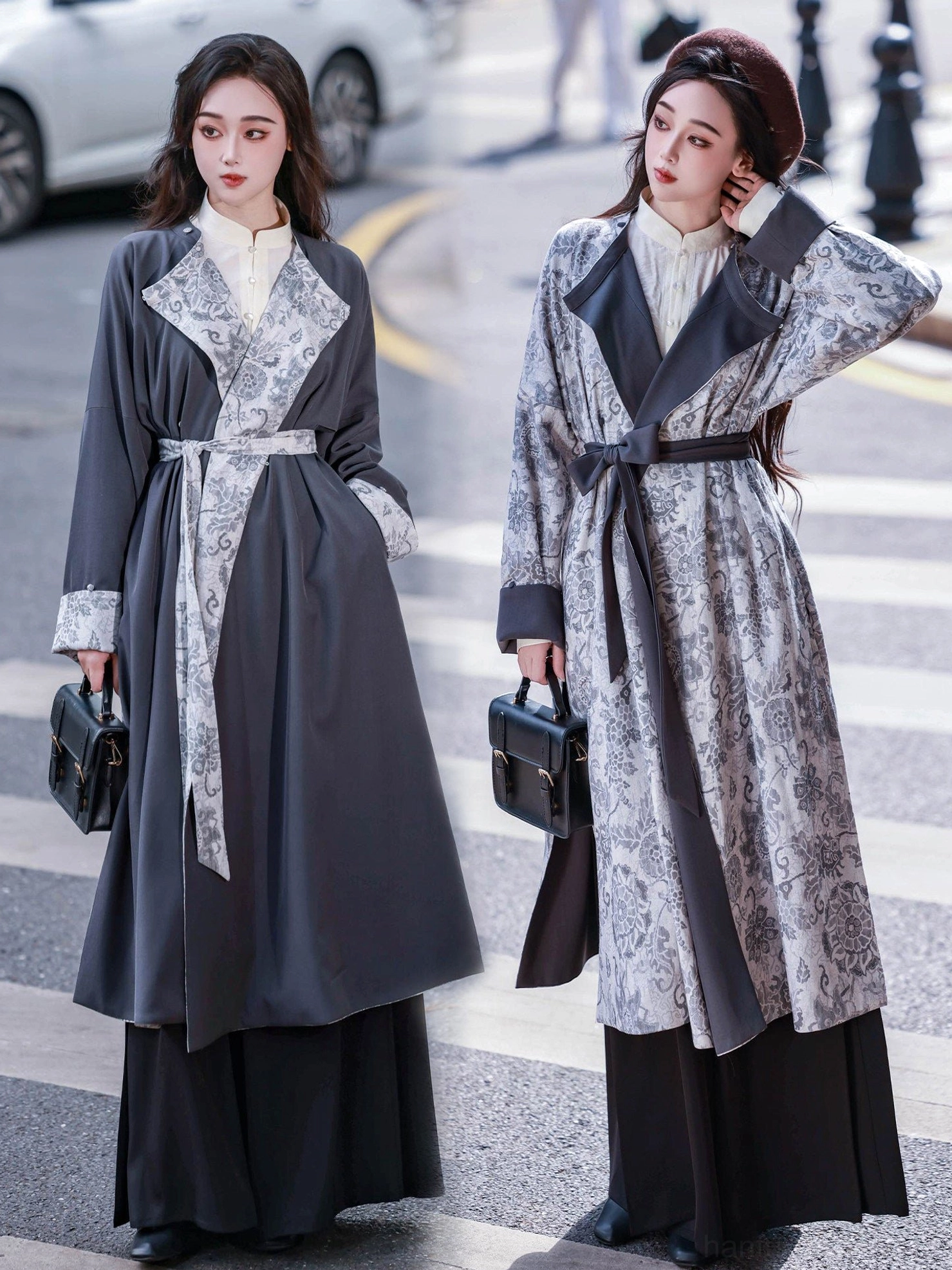 Reversible Tang Dynasty inspired Hanfu round collar robe shown on two female models in charcoal gray solid and vintage gray floral print styles with matching waist sashes