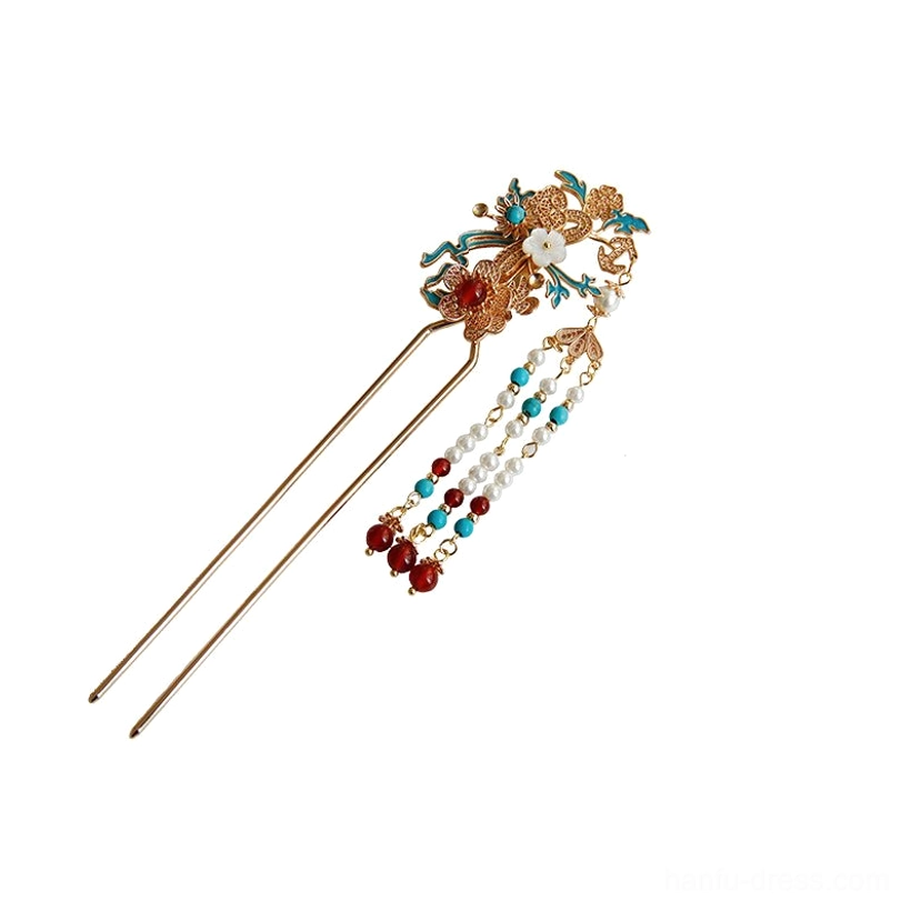 Single delicate right Chinese hair stick with gold filigree frame white shell flower blue enamel accents red bead and matching tassel