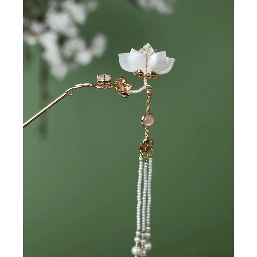Right variation white lotus pearl tassel Chinese Hanfu hair pin with brown bead and gold tone hair stick