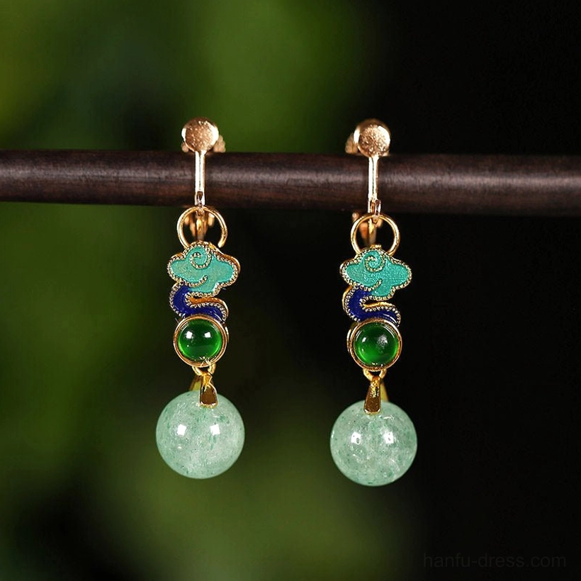 Rising Clouds Chinese comfort clip-on earrings with gold clip closures, colorful cloud and wave motifs, green stones, and pale green bead drops