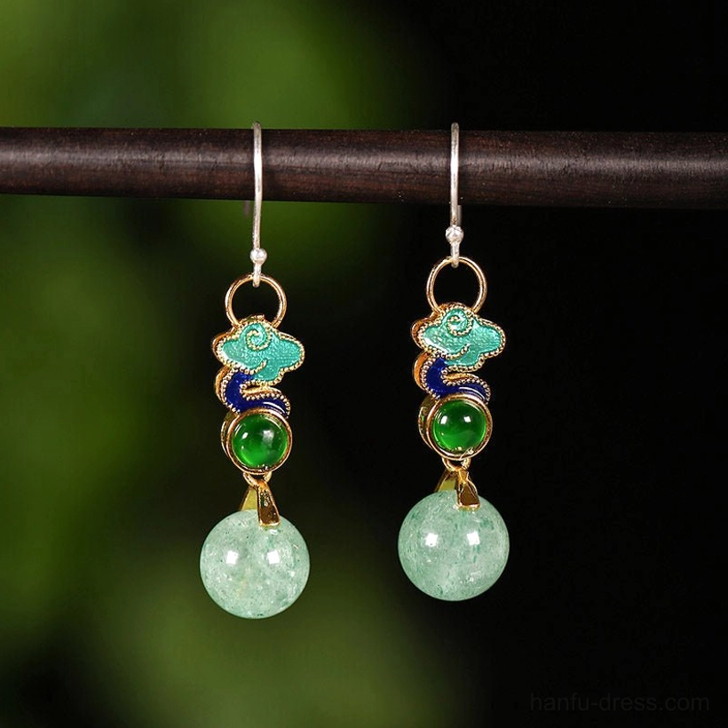 Rising Clouds Chinese drop earrings with 925 silver hook earrings, enamel-style cloud motifs, green accents, and pale green bead pendants