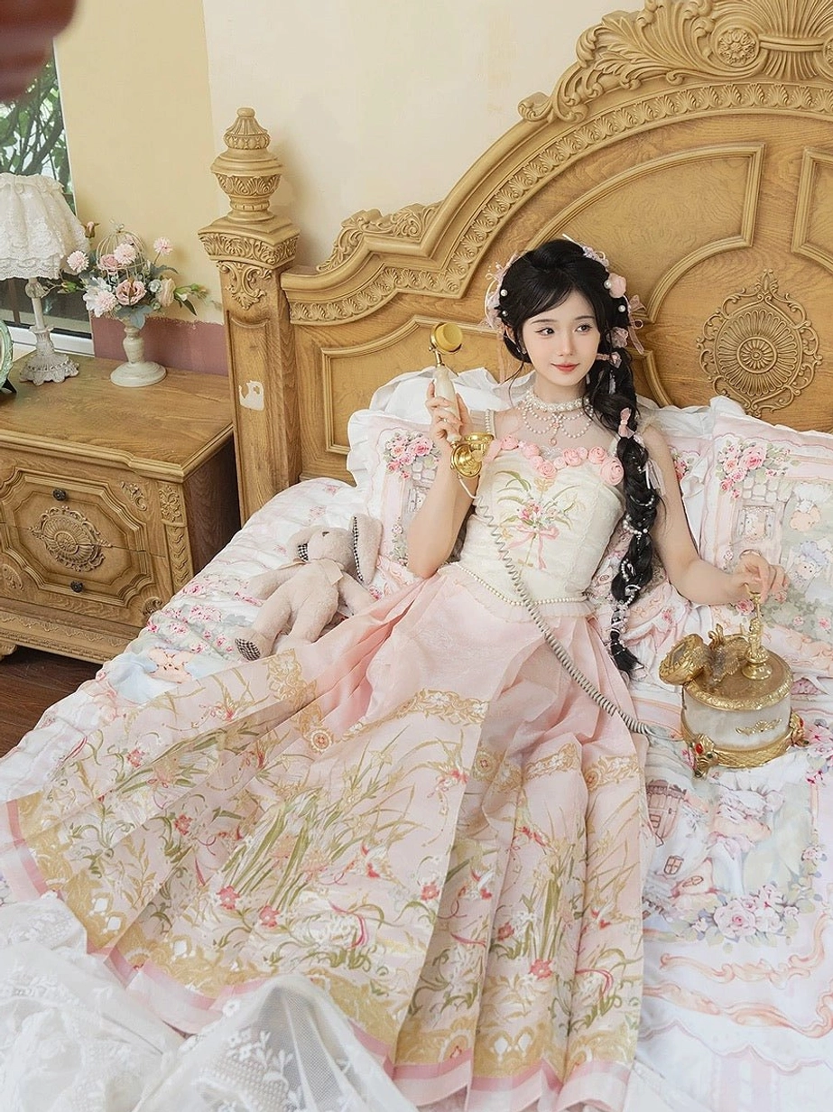 Romantic Ming style modern Hanfu Waltz set displayed on an ornate vintage bed, highlighting the floral embroidered skirt and delicate corset neckline