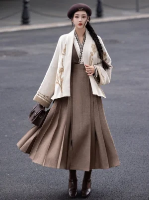 Front full body view of Rose Cocoa Ming Dynasty Hanfu jacket and cocoa brown pleated mamianqun skirt set
