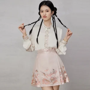 Front view of rose gilt modern Ming Dynasty Hanfu with cream stand-collar blouse and pink short mamianqun horse face skirt