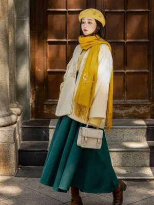 Three-quarter view of a modern Song Hanfu layered outfit with cream jacket, mustard inner top, emerald wrap skirt, scarf, beret, and beige handbag