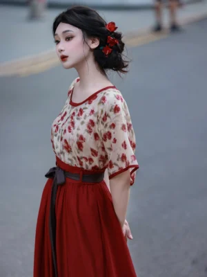 Three-quarter view of modern Tang Dynasty Hanfu with cream floral Beizi top, high waisted wine red skirt, and draped waist sash