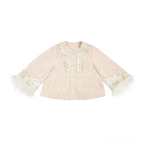 Rose Jade Orchid pink cropped modern Hanfu jacket with floral embroidery, round neckline, front buttons, bell sleeves, and fluffy feather trim