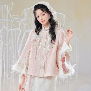 Rose Jade Orchid pink and cream modern Hanfu three-piece set worn by model, featuring embroidered cropped jacket, cream inner top, and feather-trim midi skirt