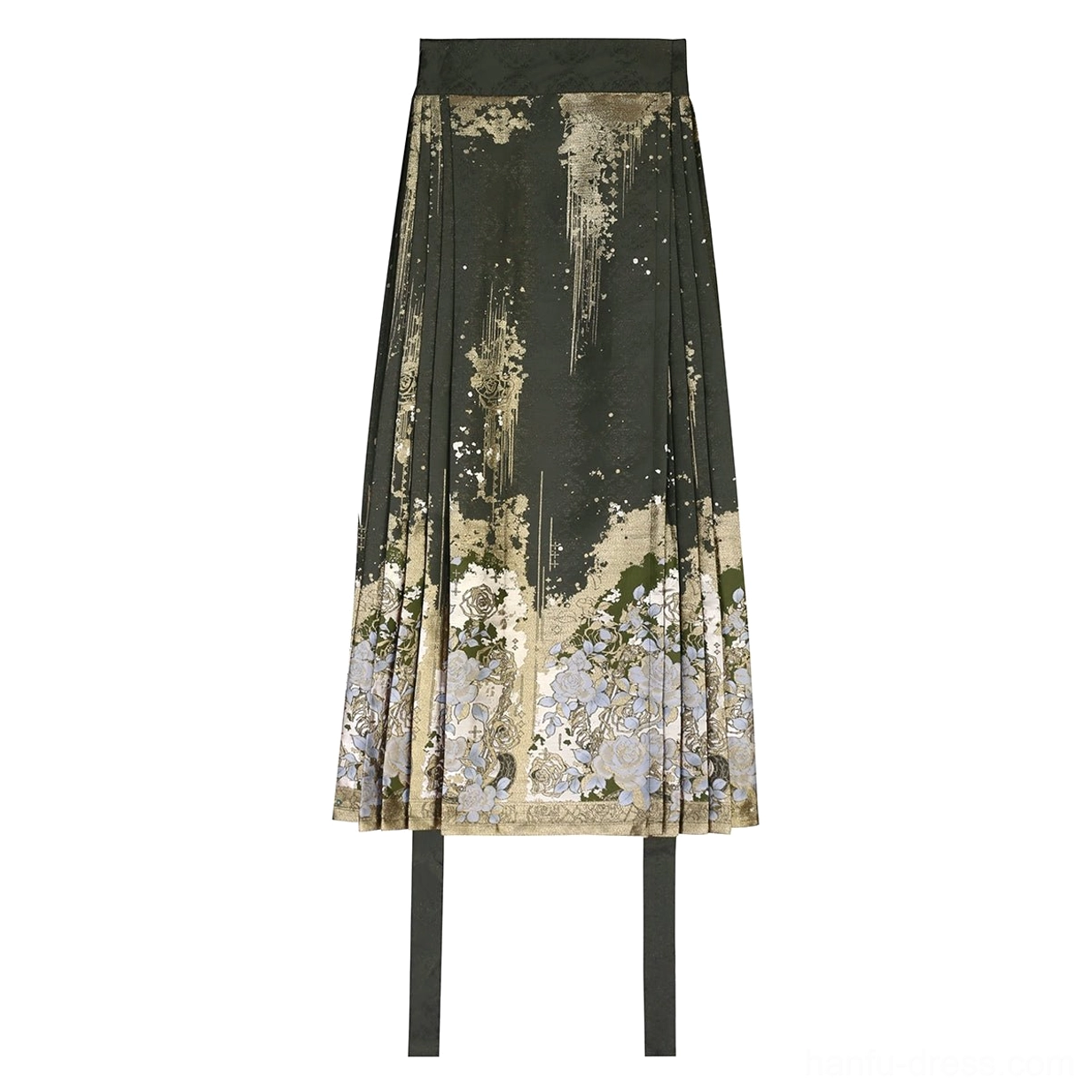 Dark green modern Hanfu horse face skirt with pleats gold ink wash floral print silver botanical details and black waist ties