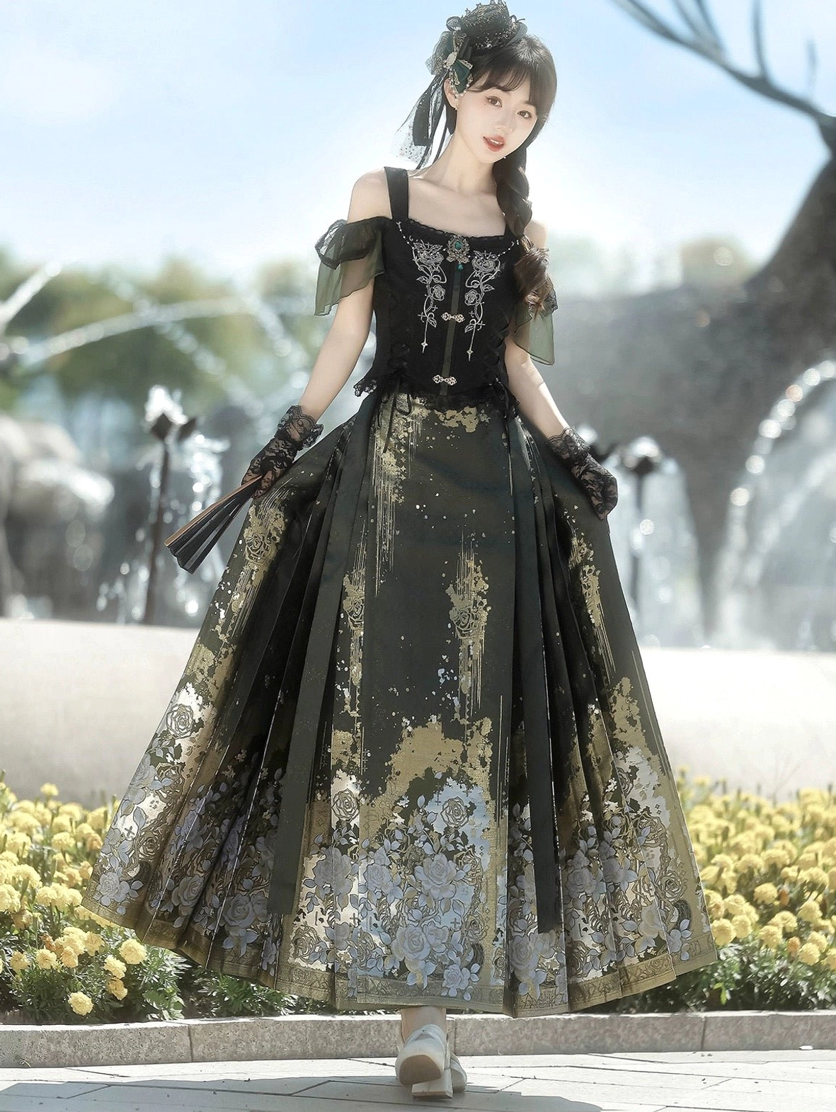 Rose Language dark green modern Hanfu complete set with off shoulder embroidered top and Ming inspired pleated mamian skirt worn outdoors