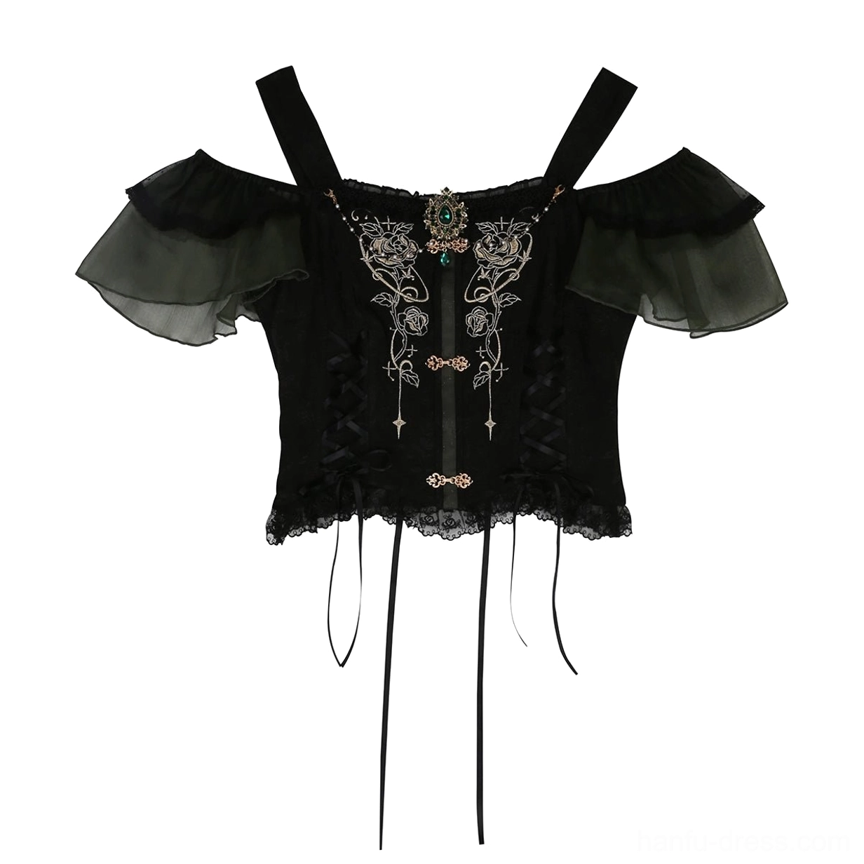 Rose Language black off shoulder modern Hanfu cropped top with sheer flutter sleeves silver floral embroidery lace hem and drawstring ties